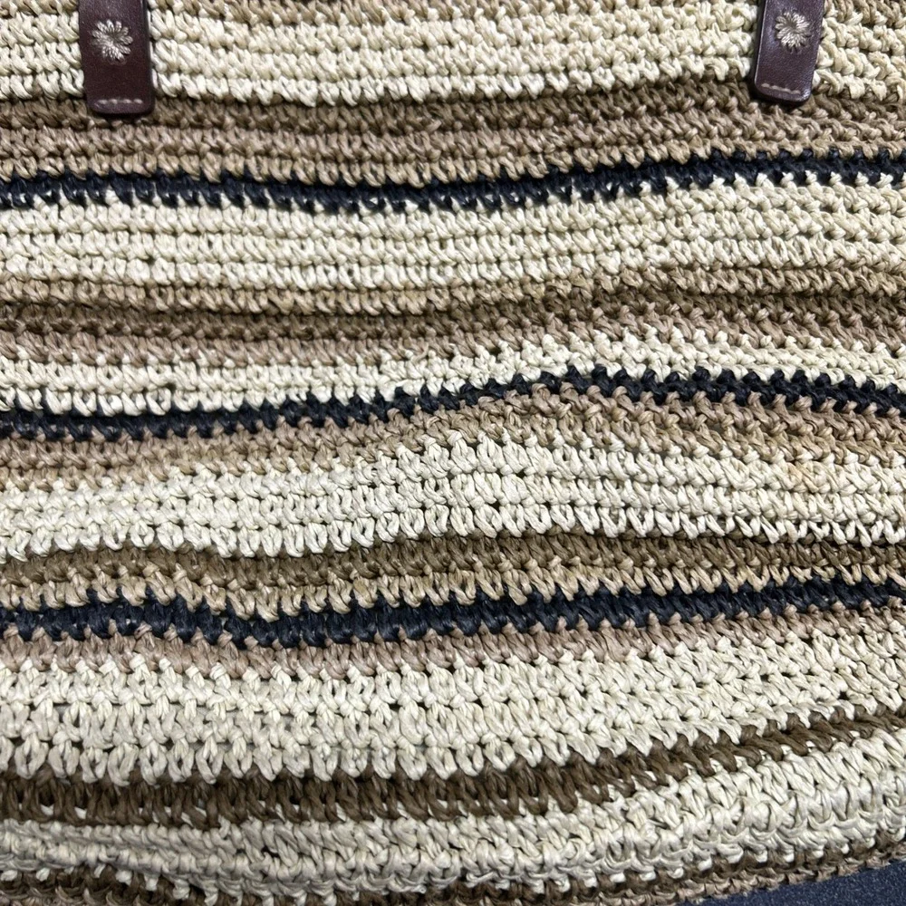 Striped Crochet Shoulder Bag Beige Tan Taupe Zip Closure Lined Natural Straw Y2K